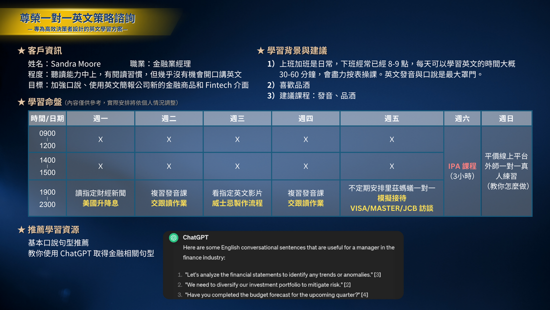 尊榮一對一英文策略諮詢學習計畫範例:目標與學習優先順序