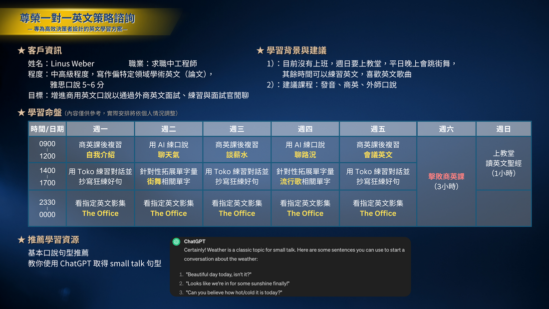 尊榮一對一英文策略諮詢學習計畫範例:教材、免費資源與 AI 工具配置