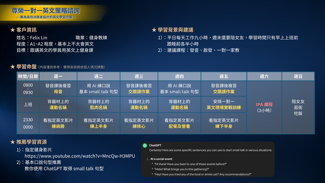 尊榮一對一英文策略諮詢學習計畫範例:三個月執行與追蹤方向